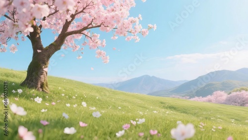 A serene landscape featuring a blossoming cherry tree on a grassy hill under a clear blue sky.