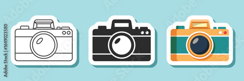 Camera sticker icon in flat style. Photography equipment vector illustration on isolated background. Photo sign business concept.