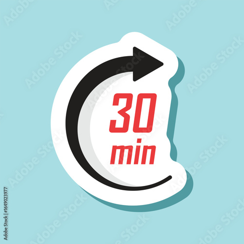 30 minutes on stopwatch sticker icon in flat style. Clock face timer vector illustration on isolated background. Countdown sign business concept.