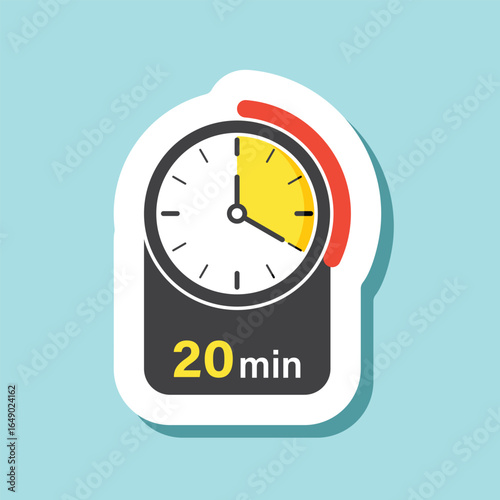 20 minutes on stopwatch sticker icon in flat style. Clock face timer vector illustration on isolated background. Countdown sign business concept.