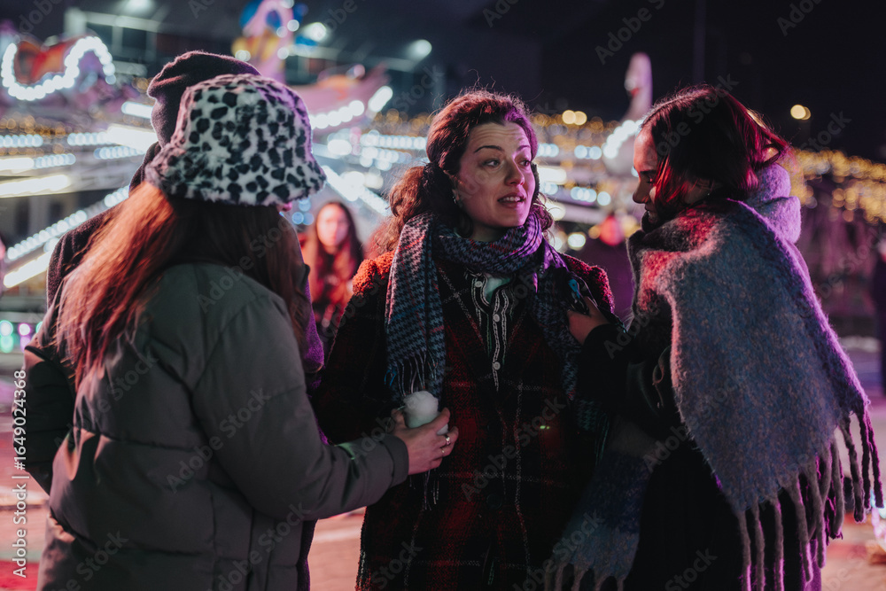 Fototapeta premium A cozy group of friends talking and sharing moments in a vibrant carnival atmosphere.