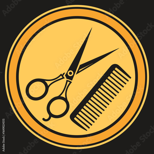 Barber Shop Icon: Scissors and Comb Logo in Circle.

