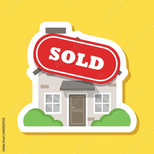 Real estate banner with house sticker icon in flat style. Sale label vector illustration on isolated background. Sold sign business concept.