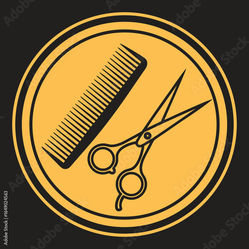 Barber Shop Icon: Scissors and Comb Logo in Circle.

