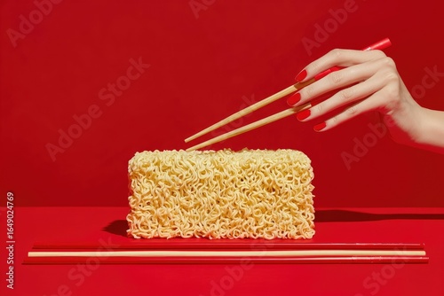 A hand with red nail polish holds chopsticks over a block of instant noodles on a red surface
