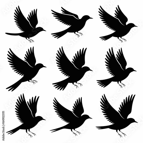 Nine black bird silhouettes in flight isolated on white background