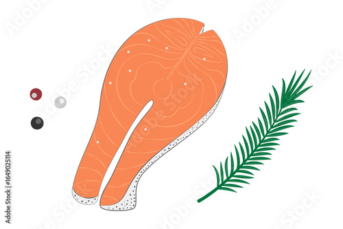 Hand Drawn Salmon Steak Rosemary sprig and allspices. Healthy Food Thematic Cards design element Set