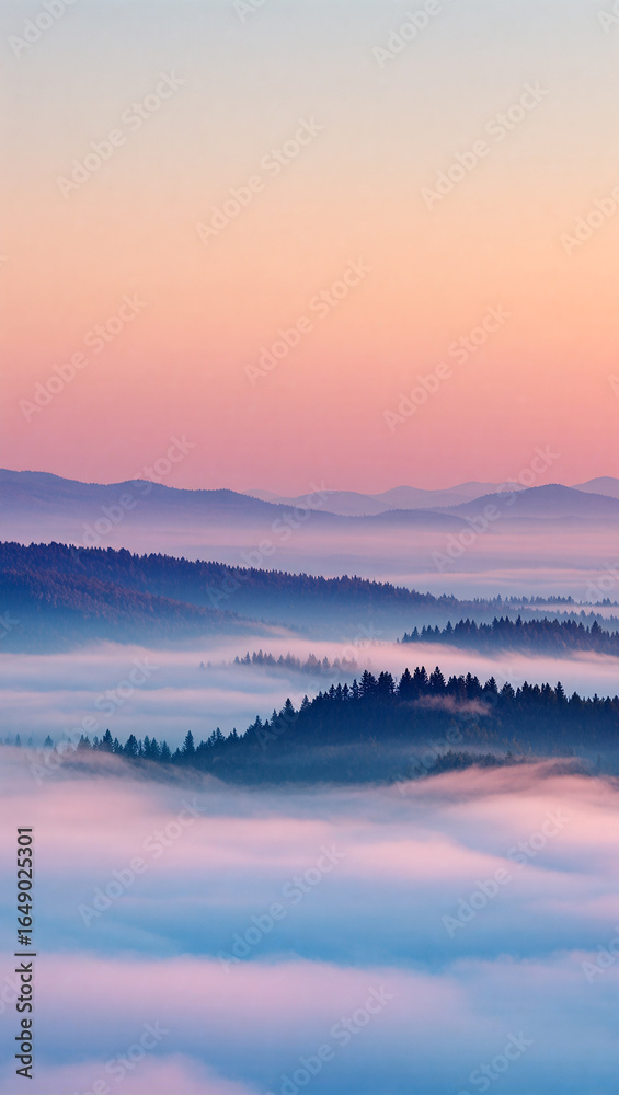 Fototapeta premium Majestic dawn reveals misty valleys and distant mountains at sunrise