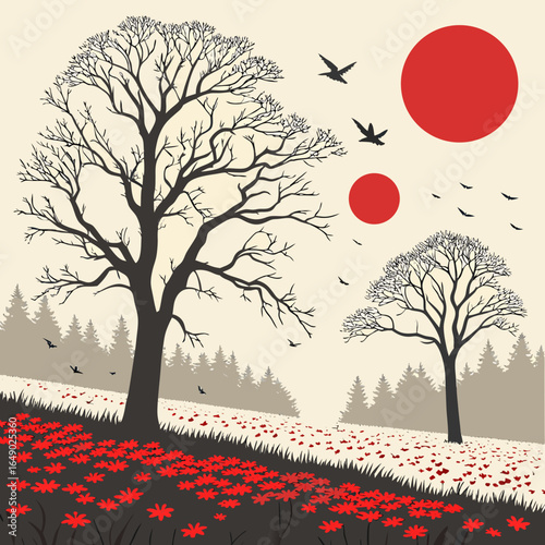 Autumnal Hillside Landscape with Birds and Red Sun - Vector Illustration.

