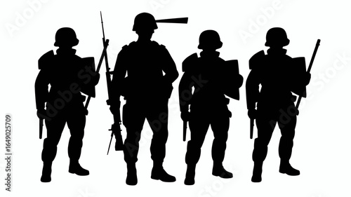 Four riot police officers in silhouette holding shields and batons isolated on white background