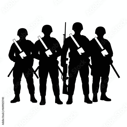 Four soldier silhouettes standing together holding rifles isolated on white background