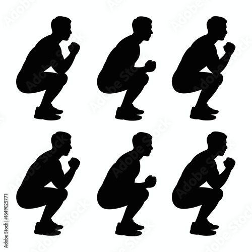 Six male silhouettes performing squats exercise isolated on white background silhouette