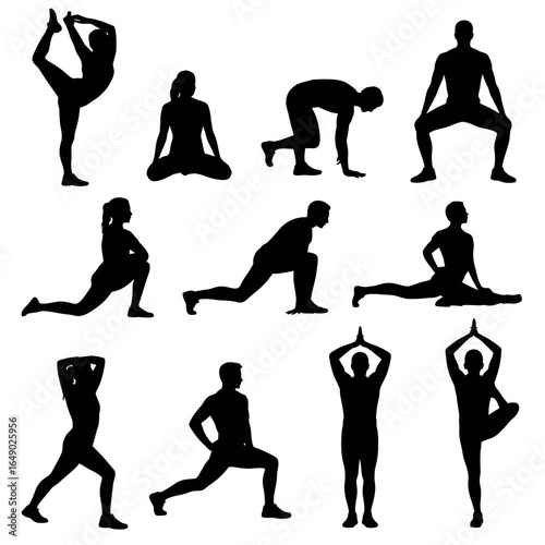 Collection of diverse yoga and stretching poses silhouette isolated on white background