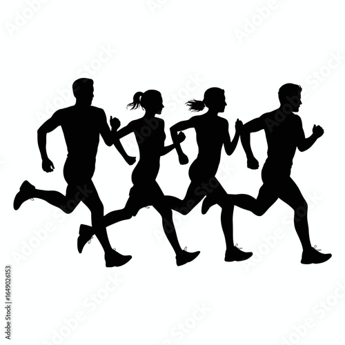 Four runners in silhouette form a team running together isolated on white background silhouette