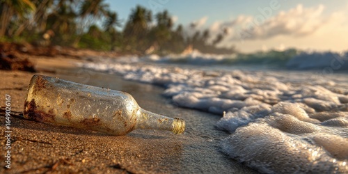 A discarded glass bottle lies on a sandy beach, washed ashore by the waves.  Ocean waves froth white along the shoreline.?Palm trees line the background