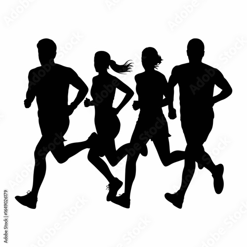 Four runners in silhouette in motion isolated on white background silhouette