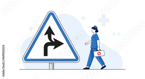 Nurse Deciding Between Different Medical Career Paths Standing By A Road Sign