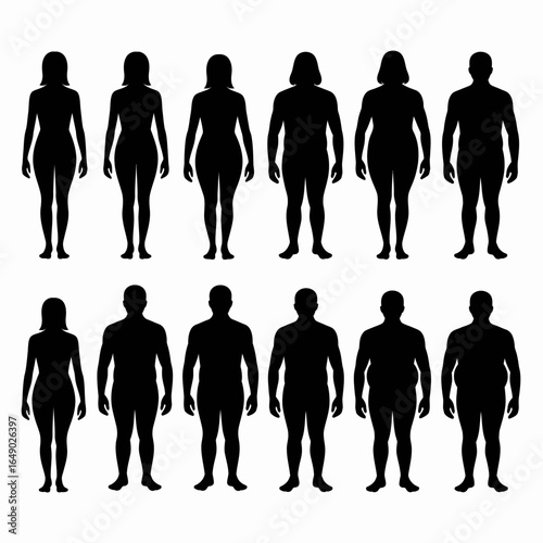 Collection of diverse human body shape silhouettes isolated on white background silhouette