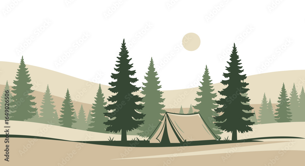 Obraz premium Peaceful Camping Retreat In The Forest Surrounded By Tall Evergreen Trees