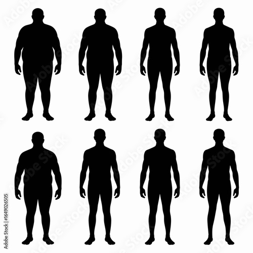 Eight male body type silhouettes showing weight progression isolated on white background