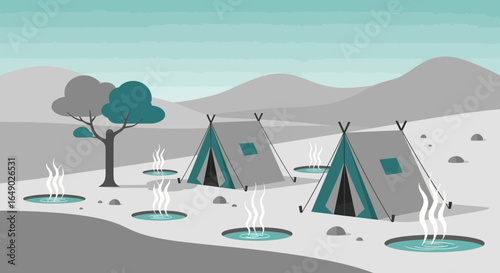 Peaceful Camping Retreat With Hot Springs And Mountain Scenery Vector Design