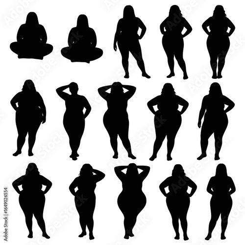 Collection of diverse plus size female body shapes and poses silhouette isolated on white background