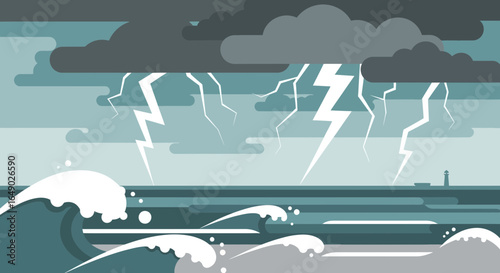 Oceanic Tempest View With Tower Graphic Illustration With Lightning