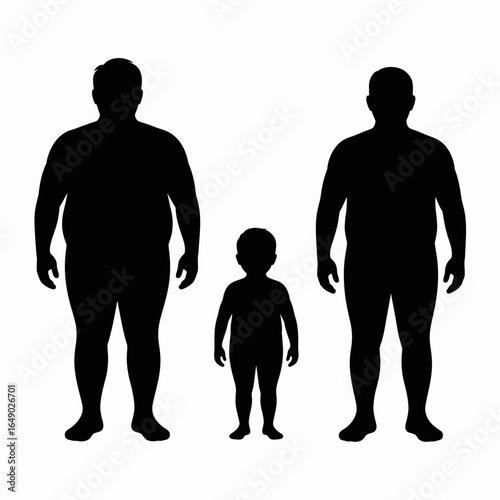 Three silhouettes of people of different sizes including a child and two adults isolated on white background