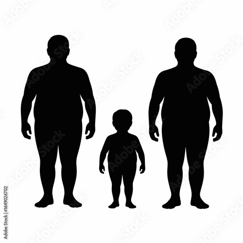 Three overweight silhouettes of a child and two adults isolated on white background silhouette