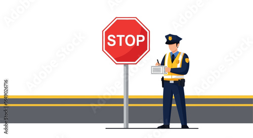 Officer Safety At Road Stop With A Stop Sign For Traffic Regulations