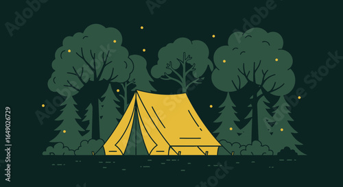 Peaceful Camping Scene Under Starry Night With Yellow Tent And Trees