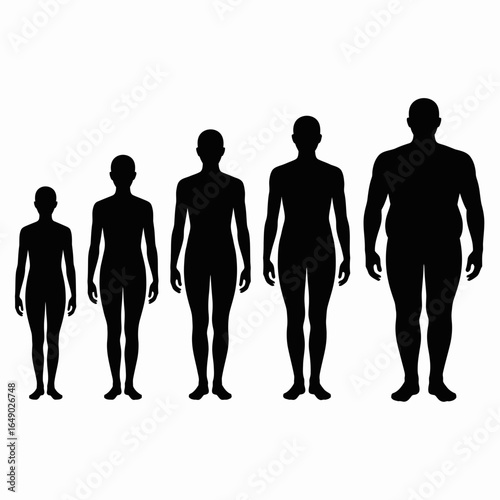 Silhouettes of people showing different body types from thin to obese isolated on white background