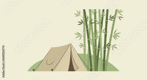 Peaceful Camping Scene With Bamboo Forest Near Light Tan Tent Shelter