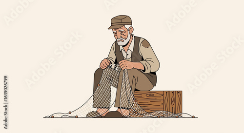 Old Fisherman Repairing Netting at the Dock After Many Years of Devotion