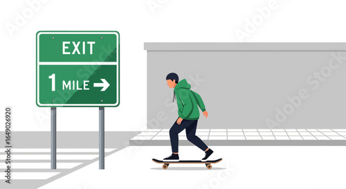 One Mile Escape Young Skateboarder Rides Away From Urban Life Exit Concept