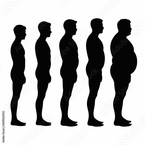 Progression of body mass index from thin to obese silhouette isolated on white background
