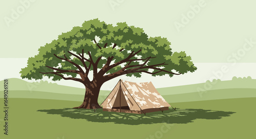 Peaceful Camping Scene with Tent Under Tree in Verdant Landscape illustration