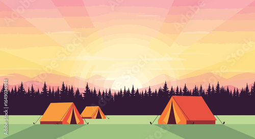 Peaceful Camping Scene With Tents Against a Forest Backdrop At Sunset