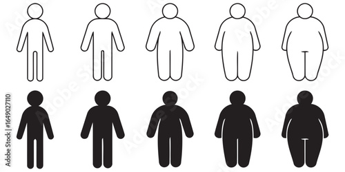 Human body mass index chart with outline and silhouette figures isolated on white background