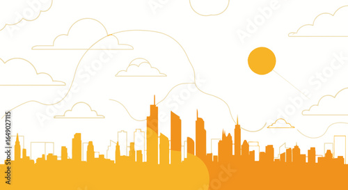 Orange City Skyline Under Cloudy Sky At Sunset Minimalist Vector Design
