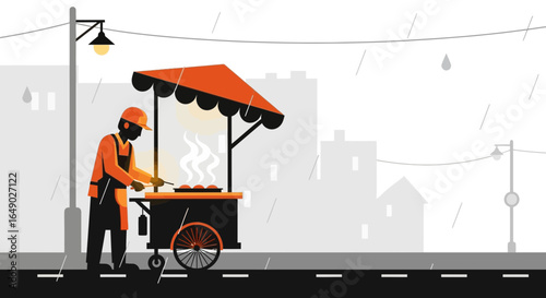 Optimistic Vendor Cooking Under Shelter During A City Rainstorm Illustration