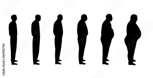 Progression of human body shapes from thin to obese silhouette isolated on white background