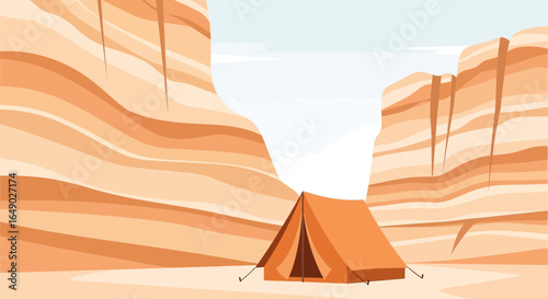 Orange Tent Under Grand Canyon Cliffs In Arizona Desert Landscape View