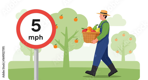 Orchard Harvest Speed Limit Sign With A Man Carrying Basket Of Fruits