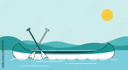 Peaceful Canoe Trip on Still Lake with Mountain Views and Yellow Sun
