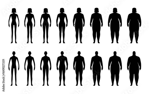 Collection of male and female body shape silhouettes showing weight progression isolated on white background
