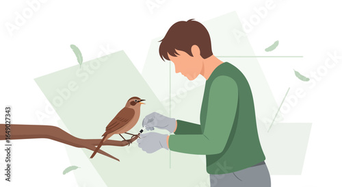 Ornithologist Banding Bird In The Wild For Migration Research Studies
