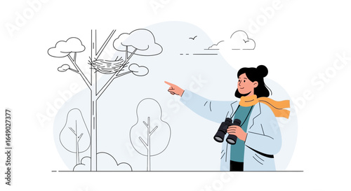 Ornithologist Observing a Bird Nest with Binoculars in Nature Environment