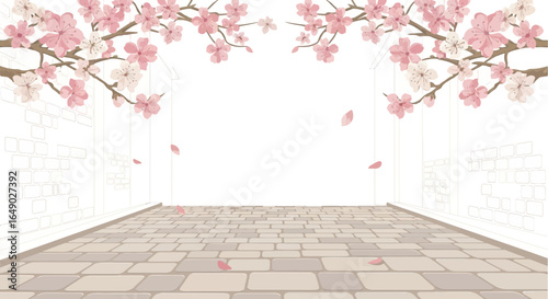 Peaceful Cherry Blossoms Frame Old Brick Path In a Soft Color Palette