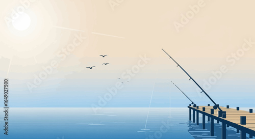Peaceful Day At The Lake With Fishing Rods And Birds Illustration